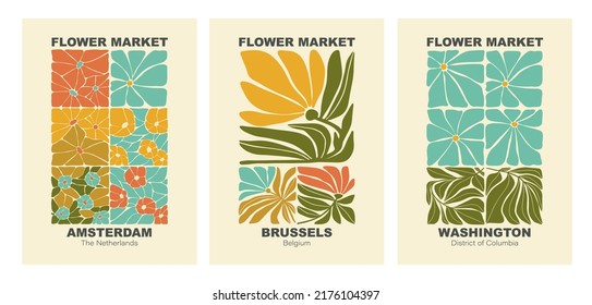 Abstract Botanical Poster Set, Flowers And Branches. Modern Style. Flower Market Poster Concept Template Perfect For Postcards, Wall Art, Banner. Flower Garden.