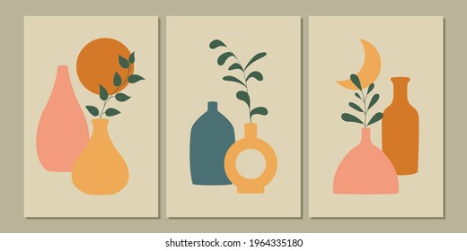 Abstract botanical poster set. Modern backgrounds. posters with vases and leaves set. Boho wall decor in minimalist style. Vector illustration.