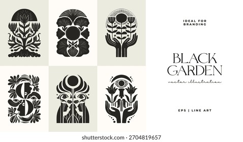 Conjunto de carteles botánicos Abstractas con motivos estilizados humanos y florales en simétricas composiciones en blanco y negro