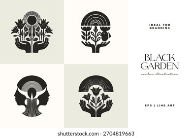 Conjunto de carteles botánicos Abstractas con motivos estilizados humanos y florales en simétricas composiciones en blanco y negro