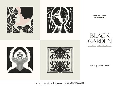 Abstract botanical poster set with stylized human and floral motifs in symmetrical black and white compositions