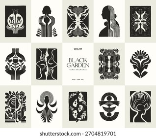 Conjunto de carteles botánicos Abstractas con motivos estilizados humanos y florales en simétricas composiciones en blanco y negro