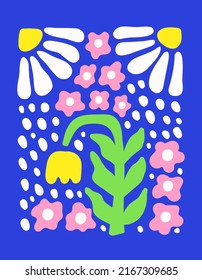 Abstract botanical poster with various blossom groovy flowers on a bright blue background. Naive art decor. Trendy hand drawn vector illustration