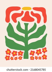 Abstract botanical poster with various blossom groovy flowers on a light background. Naive art decor. Trendy hand drawn vector illustration