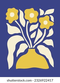 Abstract botanical poster with various blossom groovy flowers on a blue background. Naive art decor. Trendy hand drawn vector illustration
