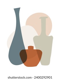 Afiche botánico abstracto con jarrones. Marco moderno con naturaleza, estética bohemia, decoración minimalista de paredes de boho.