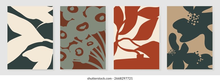 Abstract botanical poster vector set. Leaves, flower with watercolor and grain texture in earth tone colors. Illustration design for Eco packaging, interior, cover, wall art, wallpaper.