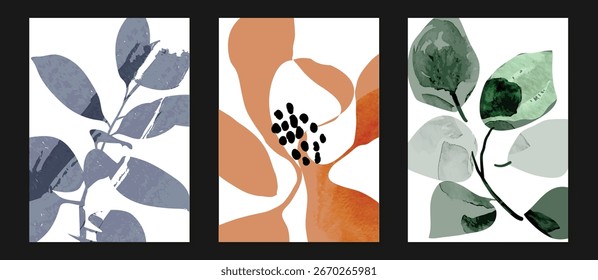 Abstrakter botanischer Poster-Vektorsatz. Blätter, Blüte mit Aquarell-Textur in Erdfarben. Illustration Design für Eco-Verpackung, Interieur, Abdeckung, Wandkunst, Tapete.