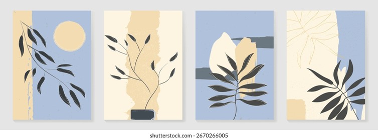 Abstract botanical poster vector set. Leaves, flower with grain texture in earth tone colors. Illustration design for Eco packaging, interior, cover, wall art, wallpaper.