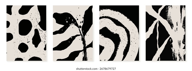 Abstract botanical poster vector set. Leaves, flower in monochrome. Illustration design for Eco packaging, interior, cover, wall art, wallpaper.