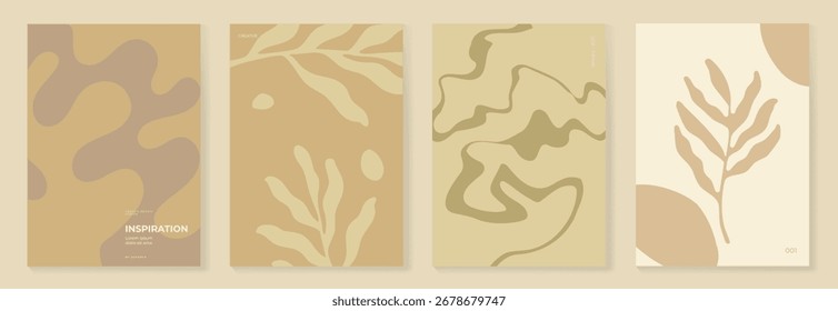 Abstract botanical poster vector set. Leaves, flower in earth tone colors. Illustration design for Eco packaging, interior, cover, wall art, wallpaper.