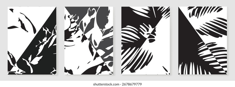 Abstract botanical poster vector set. Leaves, flower in monochrome. Illustration design for Eco packaging, interior, cover, wall art, wallpaper.