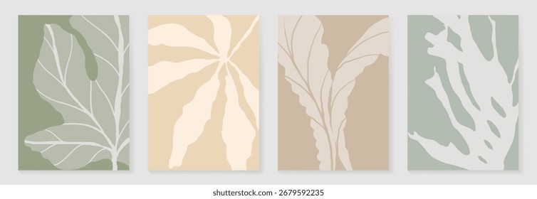 Abstract botanical poster vector set. Leaves, flower in earth tone colors. Illustration design for Eco packaging, interior, cover, wall art, wallpaper.