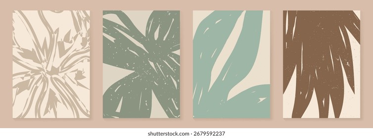 Conjunto de Vector de póster botánico Abstractas. Hojas, flor en tonos tierra. Diseño de ilustración para embalaje ecológico, interior, cubierta, arte de la pared, Fondo de pantalla.