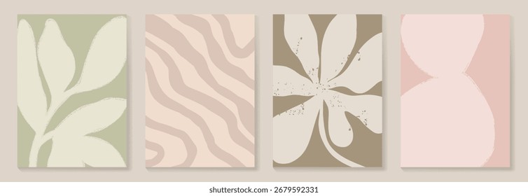 Conjunto de Vector de póster botánico Abstractas. Hojas, flor en tonos tierra. Diseño de ilustración para embalaje ecológico, interior, cubierta, arte de la pared, Fondo de pantalla.