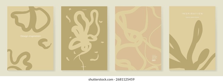 Abstract botanical poster vector set. Leaves, flower in earth tone colors. Illustration design for Eco packaging, interior, cover, wall art, wallpaper.