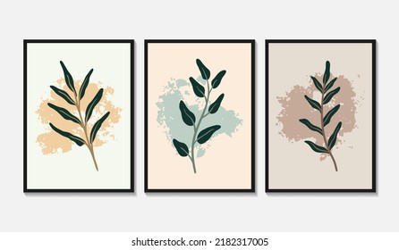 Abstract botanical prints set. Modern shapes with floral elements. Vector illustration