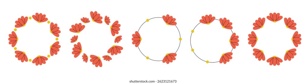 Abstract botanical red flower bud circle frame set. Elegant floral wreath blossom plant. Hand-drawn round border, laurel, chaplet. Spring, summer decor. Isolated vector illustration