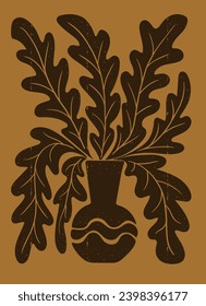 Abstract botanical retro grunge illustration. Flat vector duotone composition with plant in vase with grunge texture and scratches. Ideal for decoration, posters, t shirt print, social media