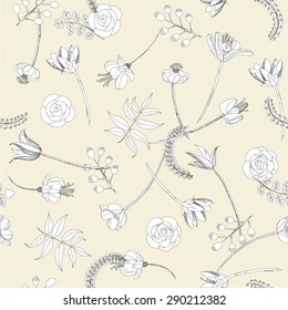 Abstract botanical seamless background, flowers and plants
