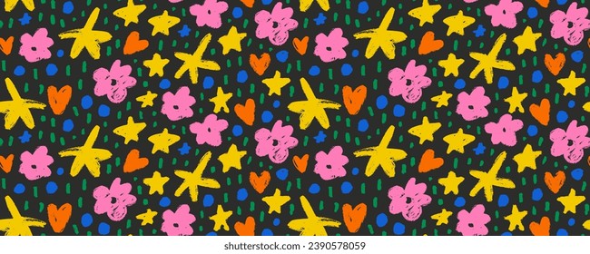 Abstract botanical seamless banner design with brush drawn flowers, stars and hearts. Childish style background in bright colors. Hand drawn camomile or daisy flowers. Playful ditsy style pattern.