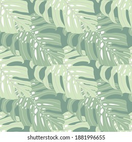 Abstract botanical seamless nature pattern with green light monstera silhouettes. Pastel palette. Designed for fabric design, textile print, wrapping, cover. Vector illustration.