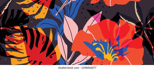 Abstract botanical seamless on dark background. Colorful watercolor wallpaper of flowers, floral, leaves, foliage, monstera. Blossom seamless design for banner, prints, decor, wall art, decoration.