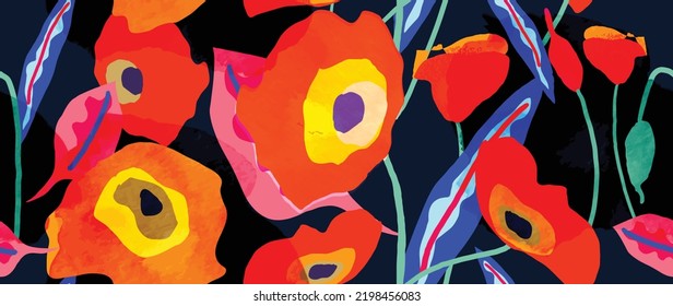 Abstract Botanical Seamless On Dark Background. Colorful Watercolor Wallpaper Of Flowers, Floral, Leaves, Foliage. Blossom Seamless Design For Banner, Prints, Decor, Wall Art, Decoration.