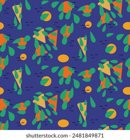 Abstract botanical seamless pattern in bold colors with geometric shapes. Modern botanical vector illustration, cover, template, wrapping, paper, textile, poster, etc.