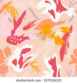 Abstract botanical seamless pattern. Flat flowers, cutout floral elements with doodles. Collage style, modern cut paper design. For fashion textile and fabric printing.