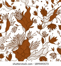 Resumen de patrones botánicos sin fisuras con flores para diseño de poligrafía, textil, cuaderno, scrapbooking, etc.
Dibujo manual de línea sobre fondo transparente