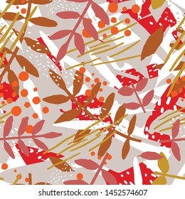 Abstract botanical seamless pattern with foliage or leaves and chaotic abstract stains or smears. Modern vector illustration in contemporary art style for wrapping paper, fabric print, wallpaper.
