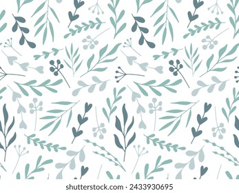 Abstract Botanical Seamless Pattern. Green Silhouette branch leaves. Hand drawn Twigs. Natural plant simple Background for wallpaper, packaging, cover. Spring Summer organic Illustration