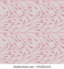 Resumen del patrón botánico sin costuras. Ramas de color púrpura dibujadas a mano sobre fondo rosado, decoración vectorial moderna textil, papel envolvente, papel pintado. Tejido de impresión de textura floral