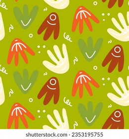 Abstract botanical seamless pattern. Leaves and flowers with doodle elements. Design of fabrics, textiles, wrapping paper