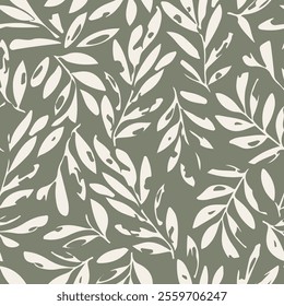 Abstract Botanical Seamless Pattern. Leaves Green Background. Vector Hand Drawn Leaf Pattern Design with Abstract Branch Minimalistic Style. Contemporary Design for Fabric, Print, Cover, Wallpaper