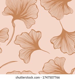 Abstract Botanical Seamless Pattern in Light Neutral Desert Colors with line art flowers, feminine minimalistic clean hand drawn vector lines for fabric textile design and wrapping paper