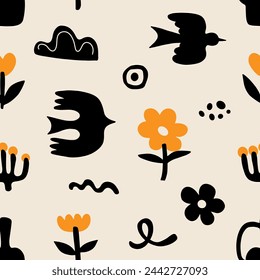Abstract Botanical Seamless Pattern. Organic Shapes Motifs. Minimal Garden Ornament Vintage Background. Vector Illustration