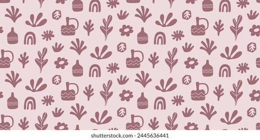 Abstract Botanical Seamless Pattern. Organic Shapes Motifs. Minimal Garden Ornament Vintage Background. Vector Illustration