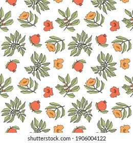 Abstract botanical seamless pattern. Pomegranate, flowers, plants, sprig, leaves - hand drawn vector illustration. Repeating motif, colorful florals with black contours. Fabric, textile surface design