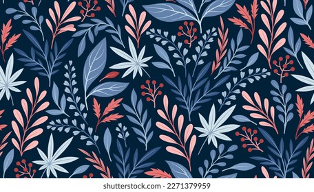 Abstract botanical seamless pattern. Repeating organic template with plant branches, leaves, red berries and flowers. Design element for wallpaper or print on fabric. Cartoon flat vector illustration