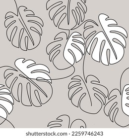 Abstract botanical seamless pattern vector. Monstera plant leaves. One line continuous hand drawn leaf illustration. Wallpaper, outline background, fabric, print, wrapping paper, package design.