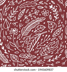 Abstract botanical seamless pattern. White leaves, flowers and branches on red background. Vector illustration in doodle sketch style. 