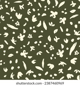 Abstract botanical seamless repeat pattern. Random placed, vector flowers and leaves seamless repeat pattern on olive green background.