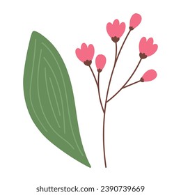 Abstract botanical set of flowering twig and spathiphyllum leaf in trendy shades. Hello spring. 