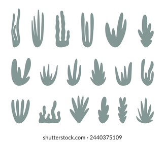 Abstract botanical set of leaves, flowers, algae, bizarre shapes. Textured shapes. Vector illustration flat hand-drawn style.