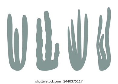 Abstract botanical set of leaves, flowers, algae, bizarre shapes. Textured shapes. Vector illustration flat hand-drawn style.
