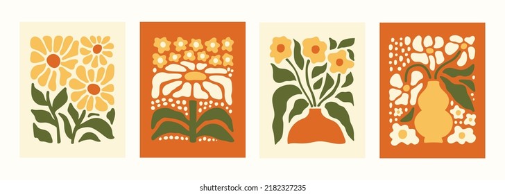 Resumen de afiches botánicos con varias flores de flores de flores. Decoración de arte naïf. Ilustración vectorial a mano