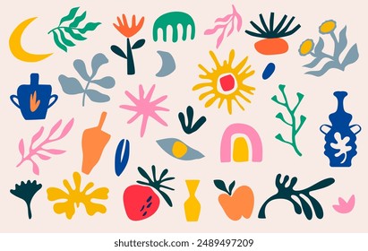 Abstract botanical shape. Floral organic. Leaf and flowers, Matisse element decorative set, coral pattern, floral nature. Background silhouette art, paint template collage geometric. Vector minimal