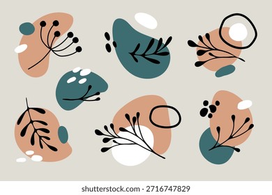 Formas botánicas Abstractas con formas orgánicas y Elementos vegetales minimalistas. Ilustración plana moderna con hojas dibujadas a mano, ramas y blobs abstractos en colores terrosos neutros.